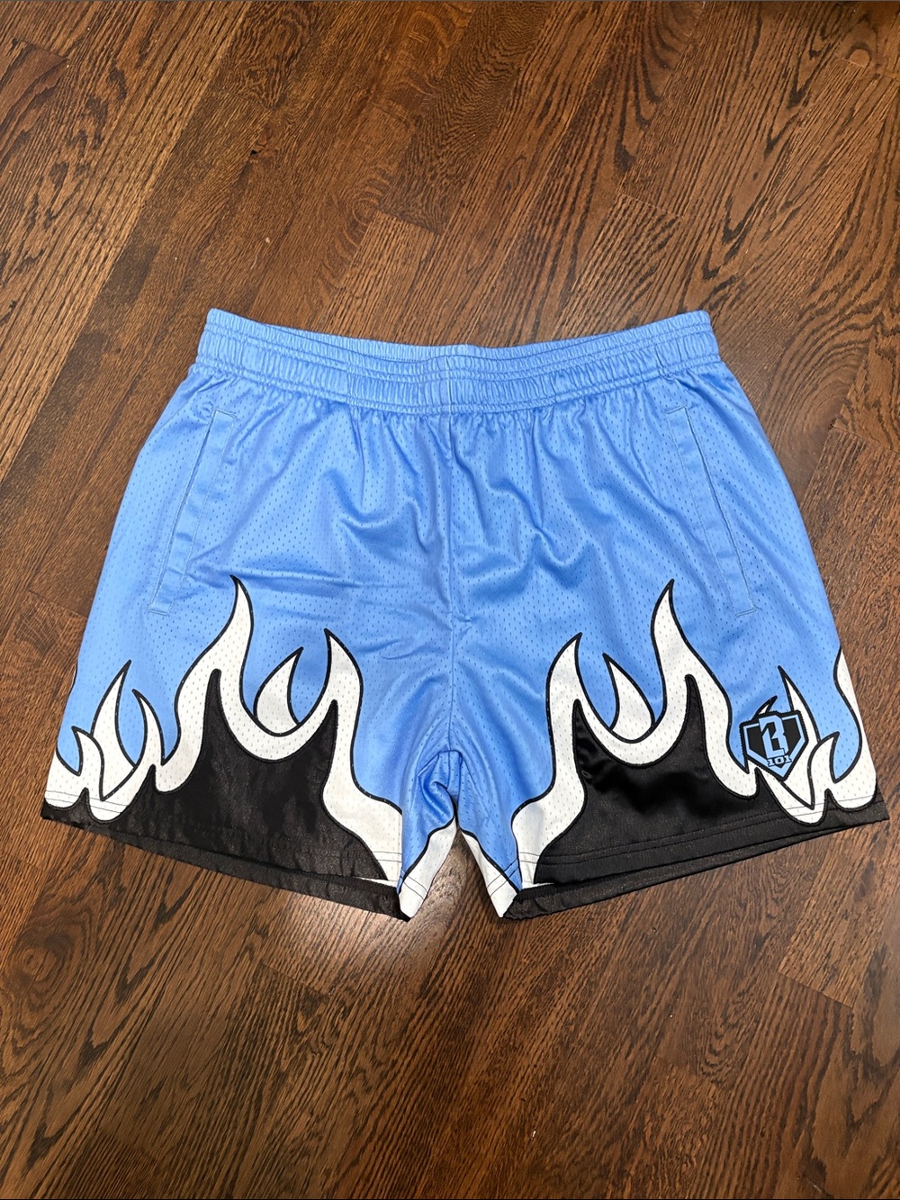 Light Blue Flame-Trim Athletic Shorts with Logo Patch
